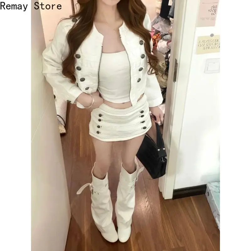 Korean Fashion Y2k Design Women 2 Piece Set Button Jacket Coat + High High-waist Mini Skirt American Vintage High Street Outfits
