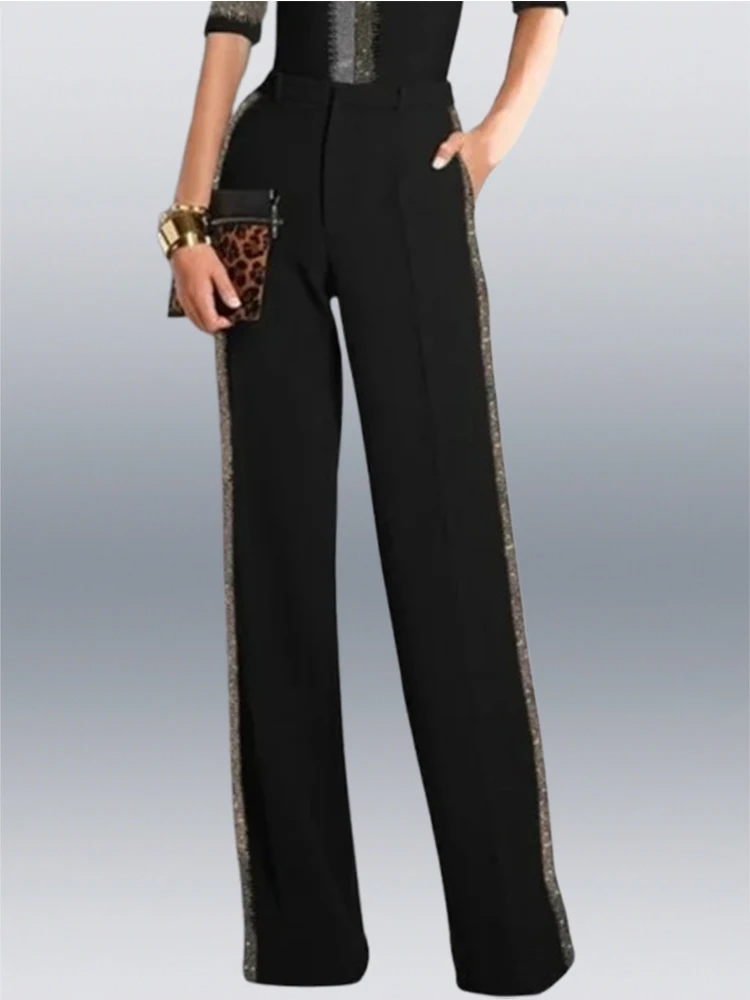 

Women's Wide Pants Contrast Sequin Trousers 2025 New High Waisted Loose Pockets Fashion Casual Loose Female Bottom