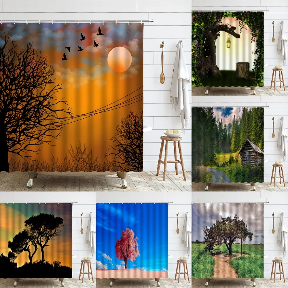 

Dusk Nature Countryside Scenery Shower Curtain Rustic Sunset Forest Full Moon Bird Fabric Bathroom Decor Curtains Set with Hooks