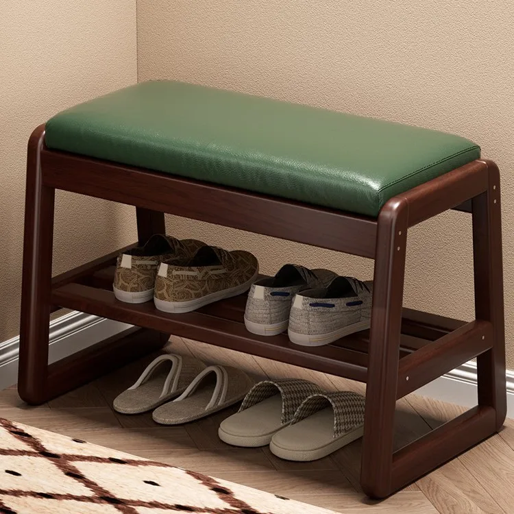Age-Friendly Solid Wood Shoe-Changing Bench with Cushion and 2 Tier Storage Space for Entryway Hallway Living Room Senior Use
