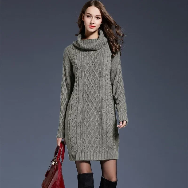 Autumn and Winter New Ladies Knitted Comfortable Casual Pile Collar Warm and Elegant Knitted Pullover Sweater Long Sleeved Dress