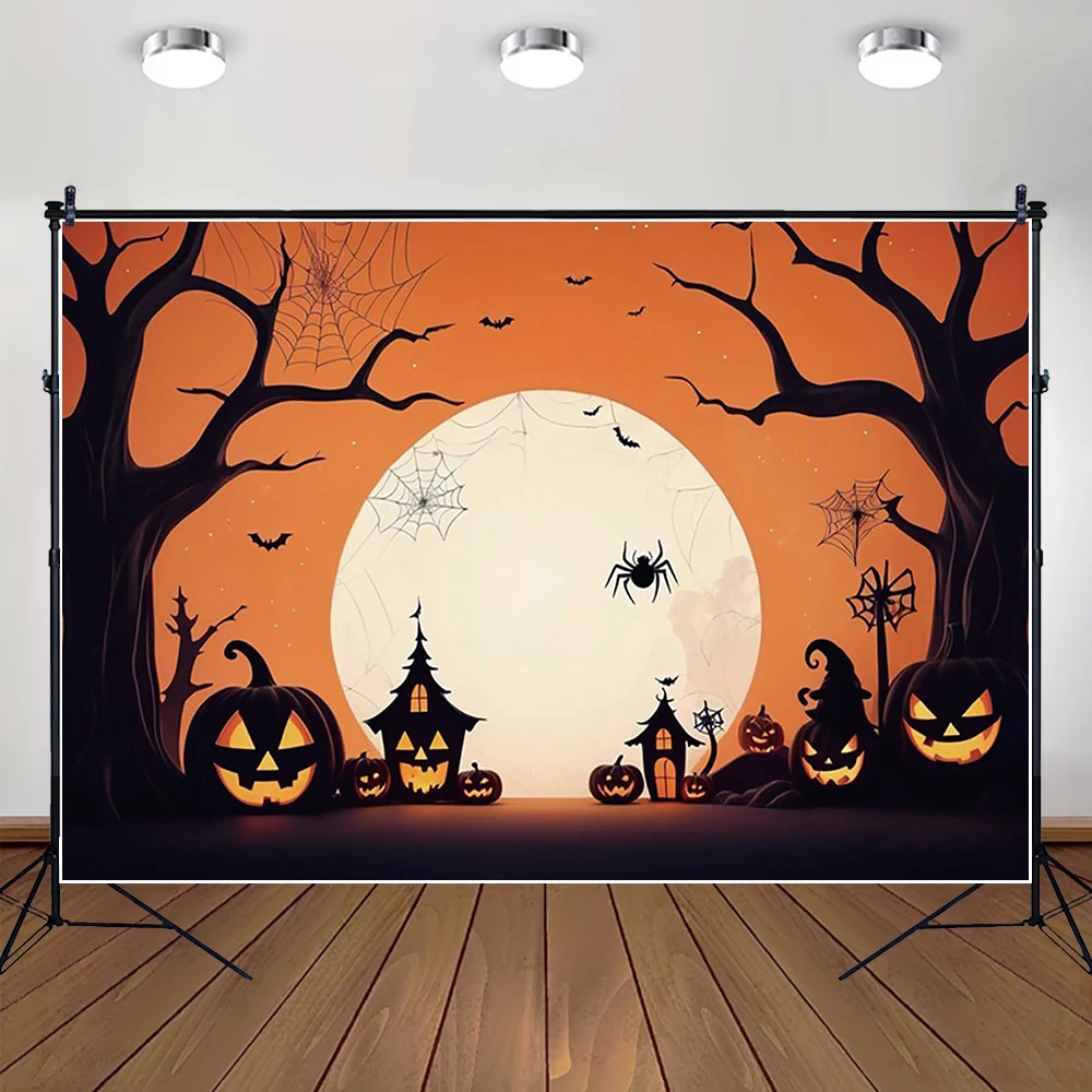 

MOON.QG Custom Backdrop Halloween Night Background Photography Spider Web Pumpkin Lantern photo Wallpaper Poster Party Supplies