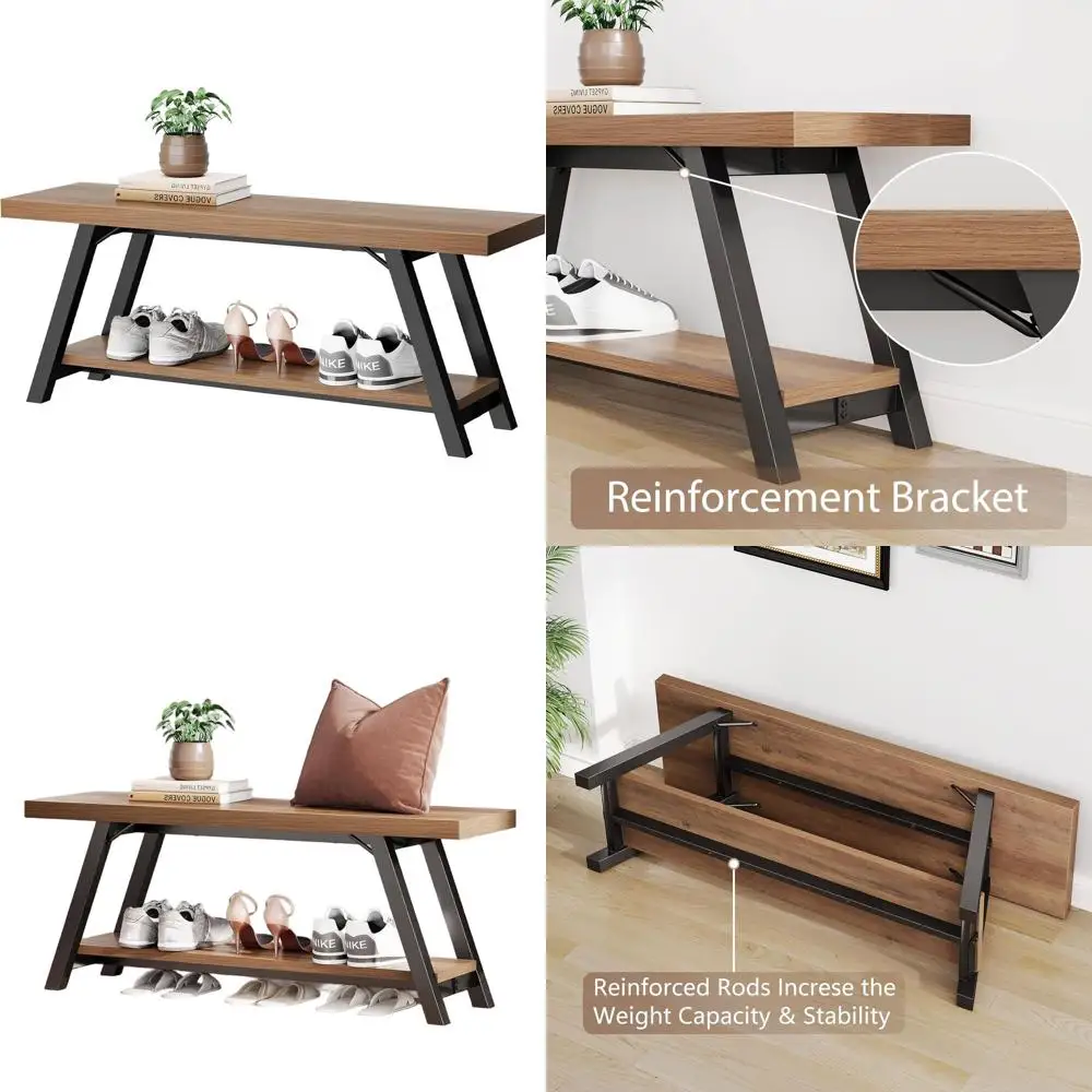 Banco de entrada rústico de roble para granja, 47 asientos largos de almacenamiento de madera y metal para sala de estar y comedor