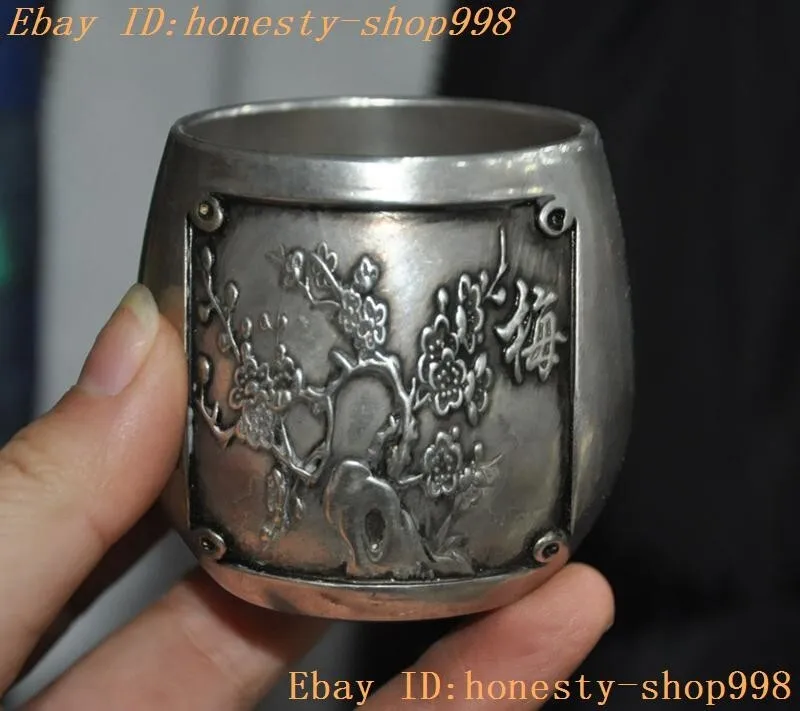 

2.2 inch mark Chinese silver plum blossom poetry text statue wine goblet - Brass animal sculpture