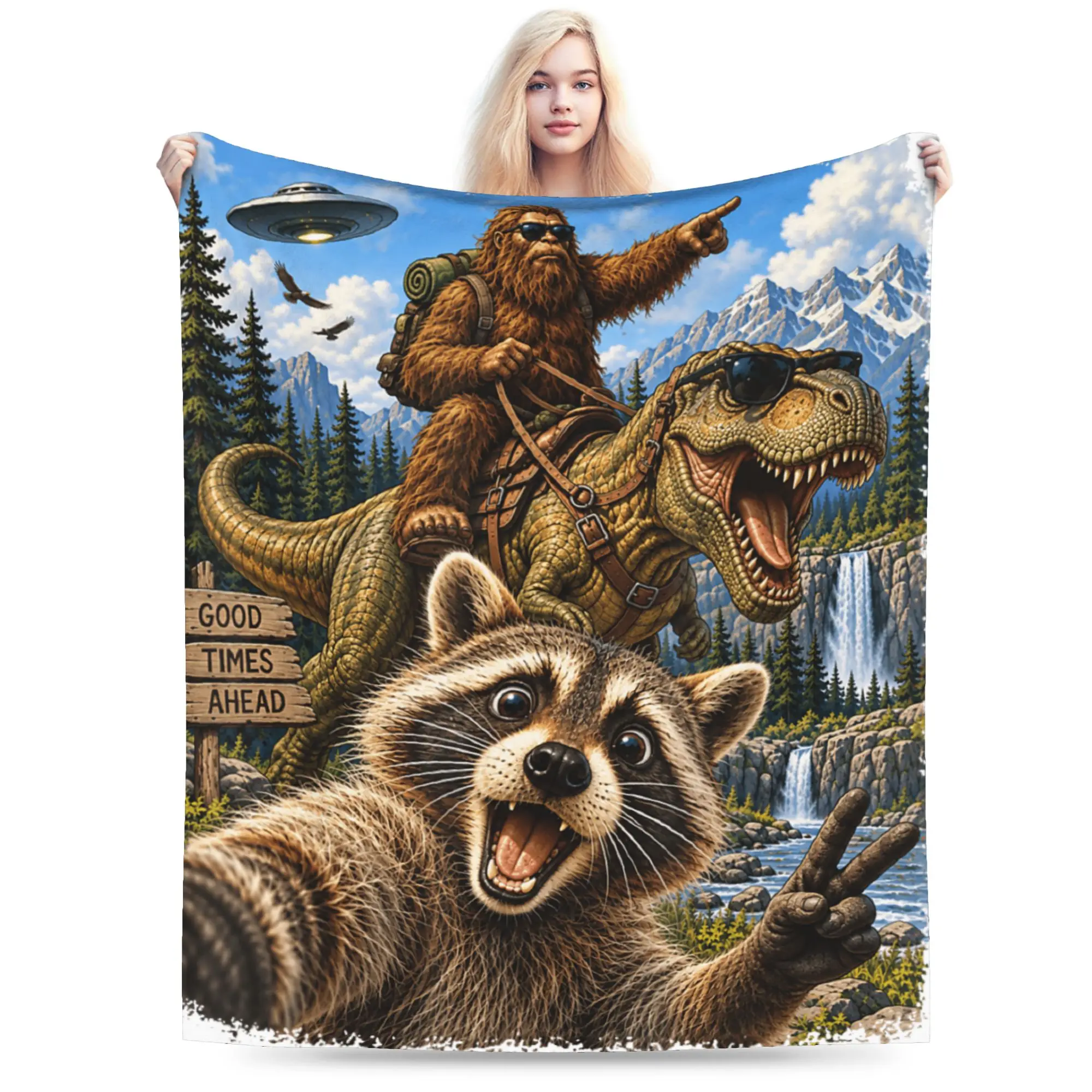 Funny Bigfoot Ride Dinosaur Raccoon Throw Blanket for Couch  Soft Fuzzy Plush Blanket 50x60 Inch Multi-size Bedspread