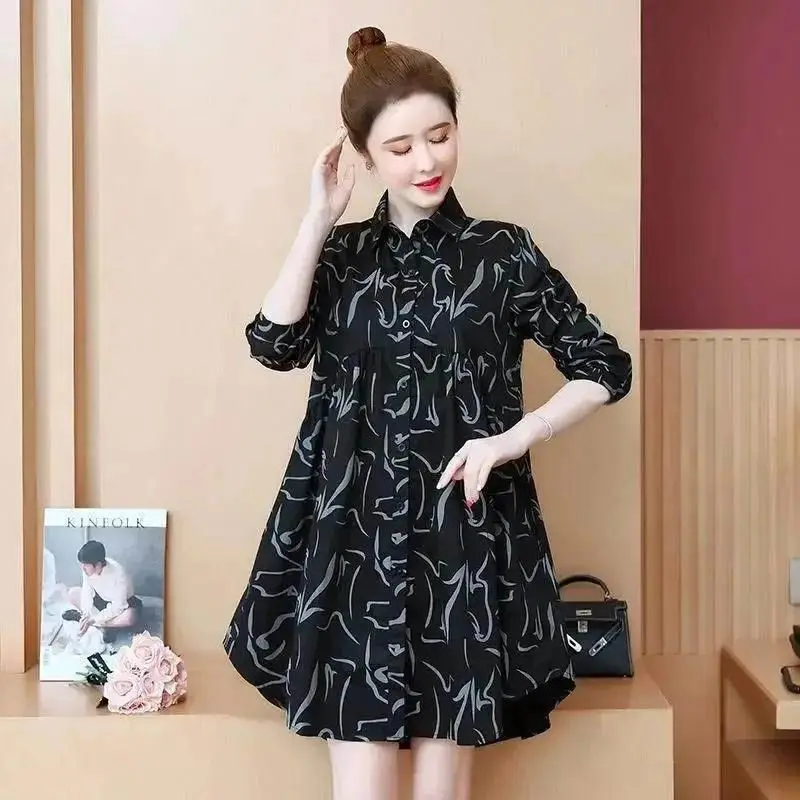 Fashion Lapel Printed Button Loose Folds Korean Mini Dress Women\'s Clothing 2023 Spring Summer New Oversized Casual Dresses