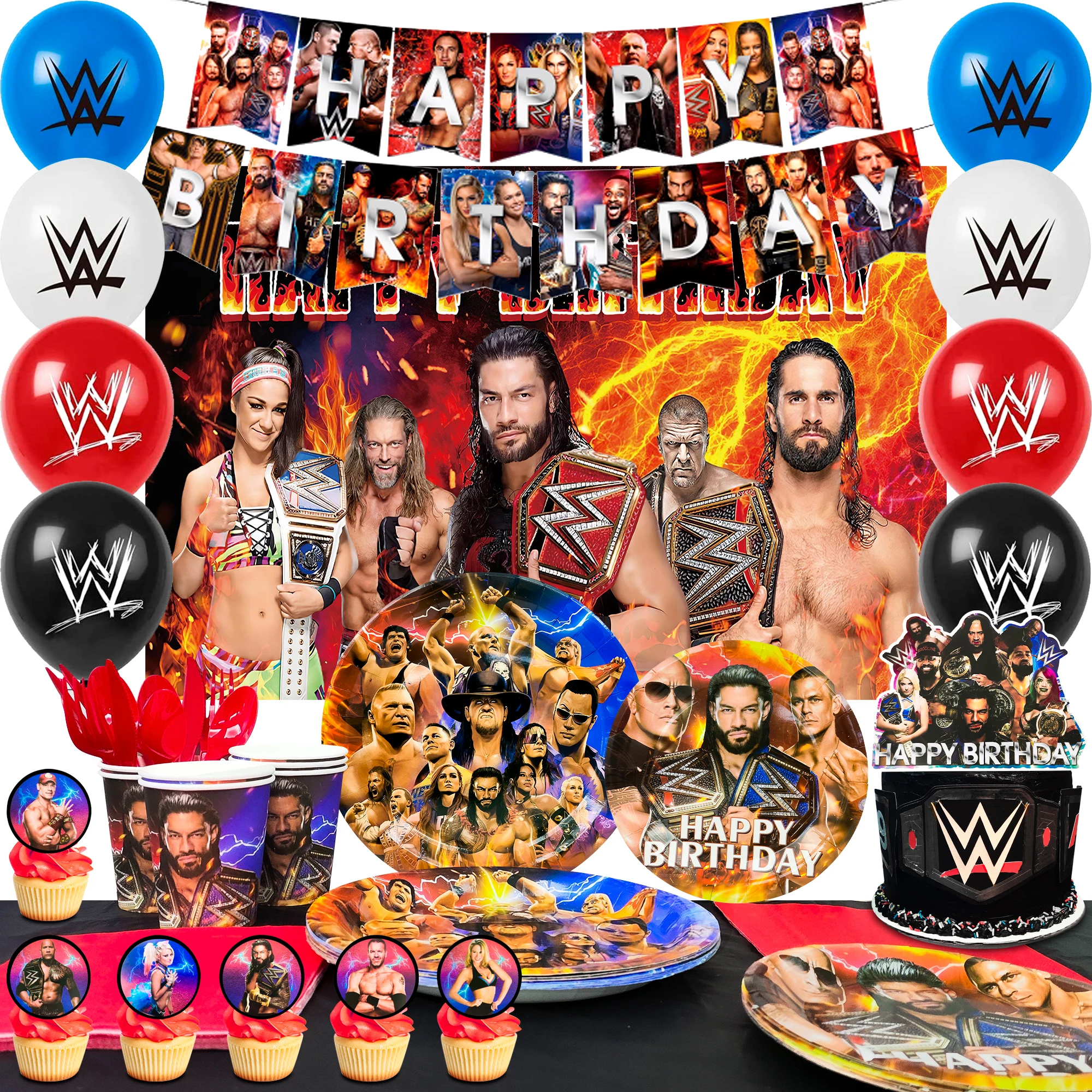 112PCS Wrestling birthday party supplies,Wrestling Boxirng Match party including plates,cake topper,banner,ect birthday party