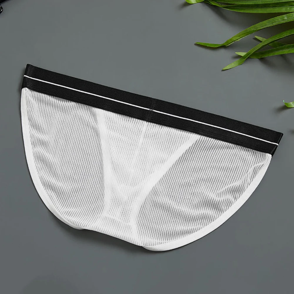 Sexy Men Mesh Solid Thin Pouch Low Waist Briefs Underwear Lingerie Panties Breathable G Strings Thong U Convex Pouch Brief