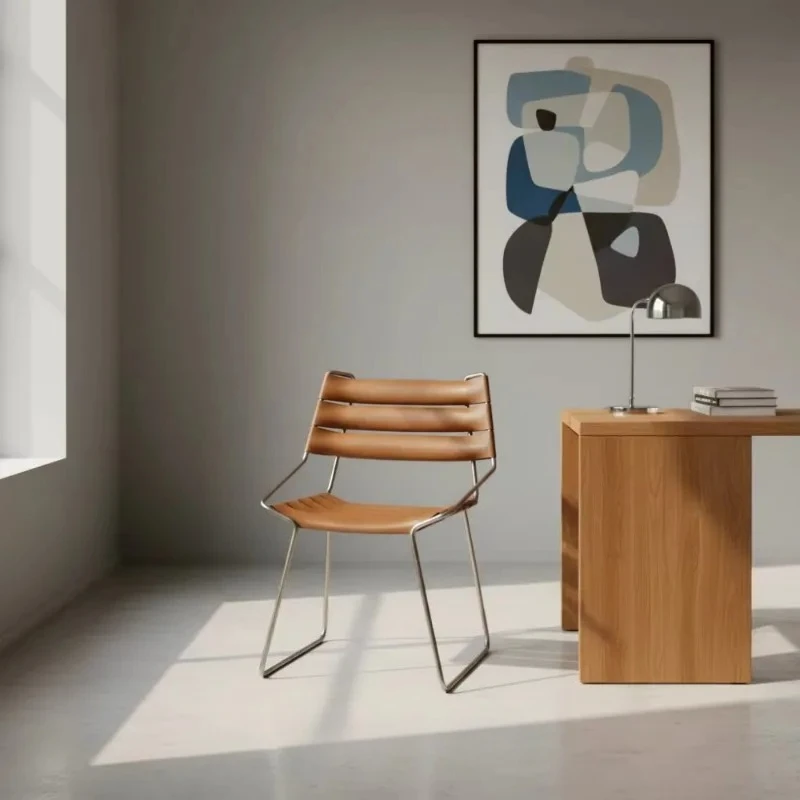 Modern Minimalist Stainless Steel Frame Saddle Leather Dining Chair for Viral Specialty Coffee Shop & Boutique Hotel Terrace Bar