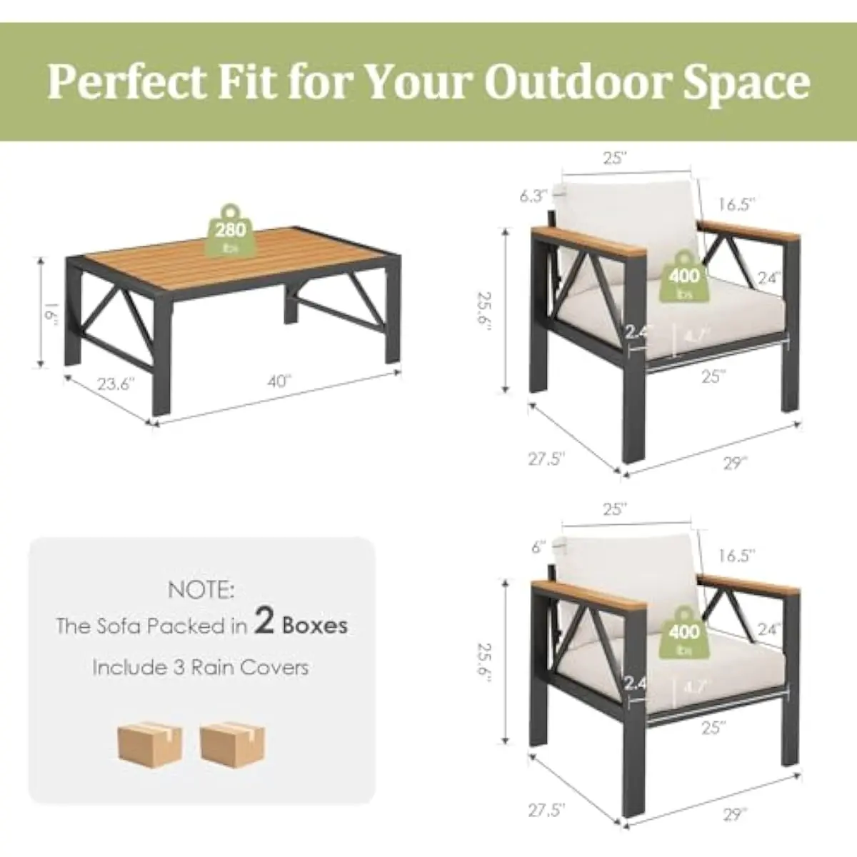 Outdoor 2-Piece Aluminum Armchair Set with Weatherproof Cushions and Polywood Accents • Rain Covers Included • V-Frame Stability