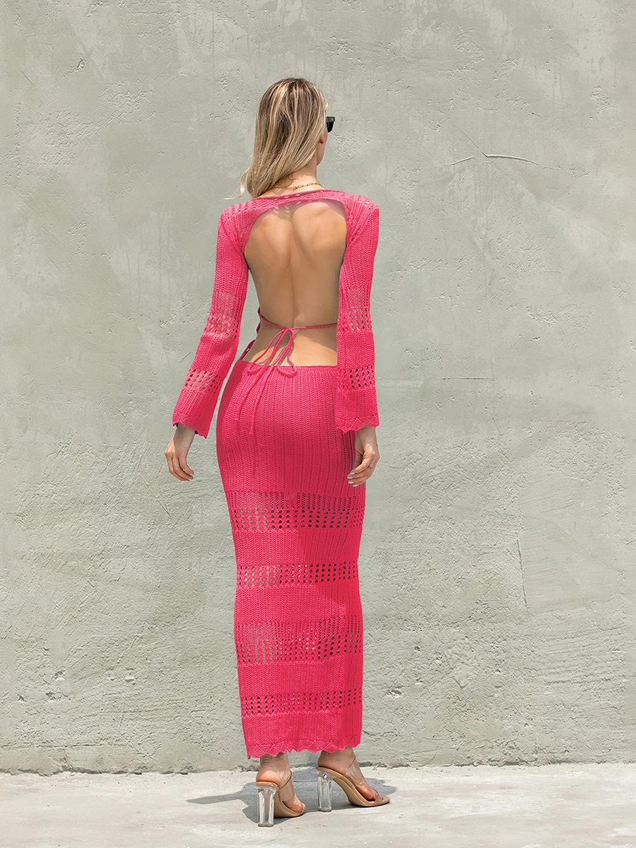 Women Solid Color Long Bodycon Dress Knit Hollow-Out Long Sleeve Back Tie-Up Backless Dress for Beach Party Cocktail