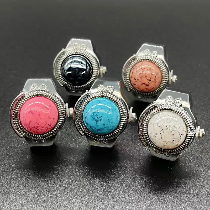 WLP Vintage Colorful Gemstone Flip Pocket Quartz Finger Rings Women Men Couples Dial Clock Elastic Strap Alloy Ring Jewelry Gift