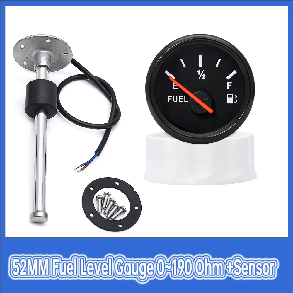 

0~190 Ohm 52mm Car Fuel Level Gauge E-1/2-F Fuel Indicator Red Backlight with 100mm-550mm Sensor for Car Boat Marine