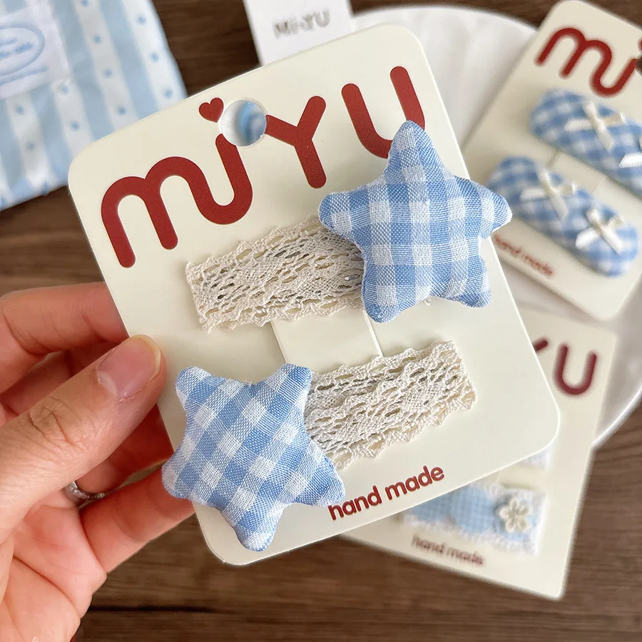 

Blue Lace Hair Set 2PCS Korean Style Sweet Star Clips Ties For Teens Girls Bangs Control High Quality Gift