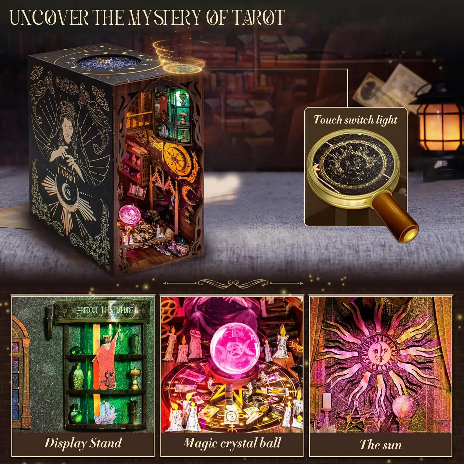 DIY Buchnischen-Set mit LED-Beleuchtung, 3D Holzpuzzle Bücherregal Miniaturhaus für Erwachsene und Jugendliche als Geschenk