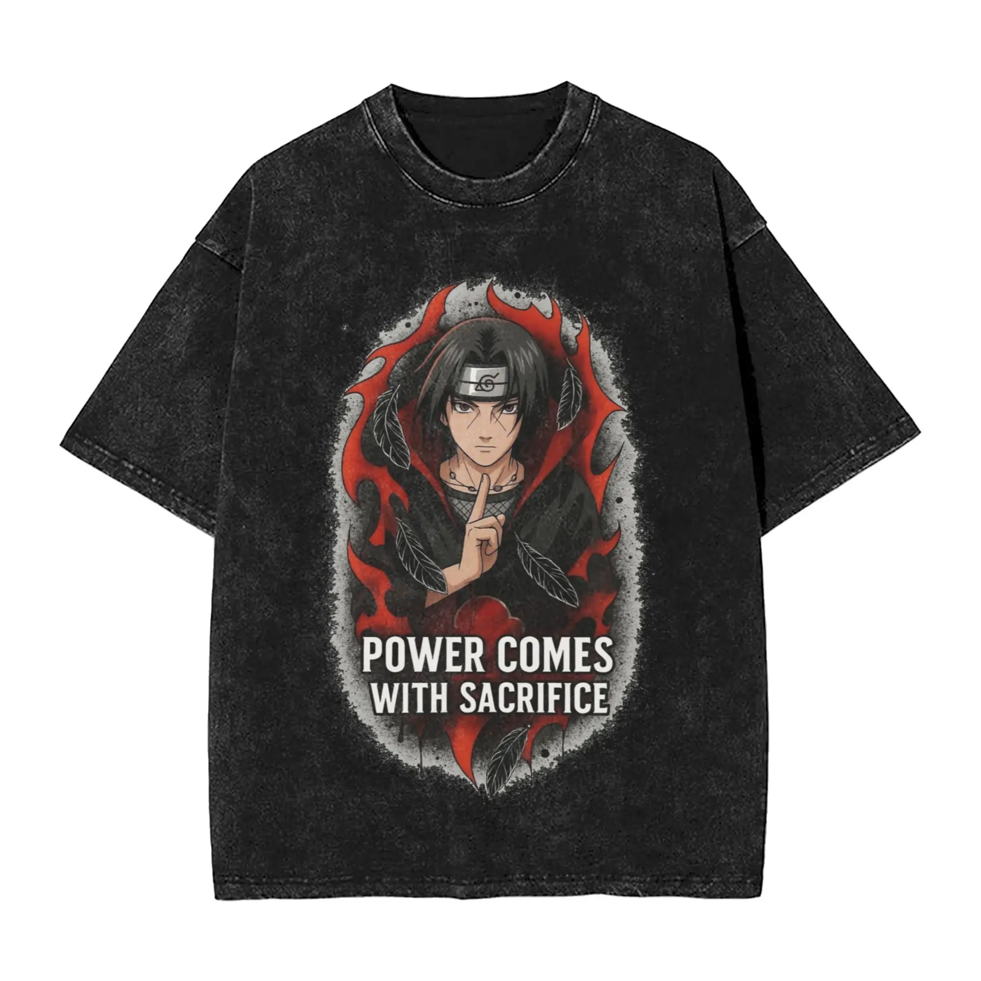 Itachi Uchiha Anime Art Power Comes with Sacrifice Narutoes Anime Washed T Shirts Streetwear T-Shirts Tee Shirt for Men Women