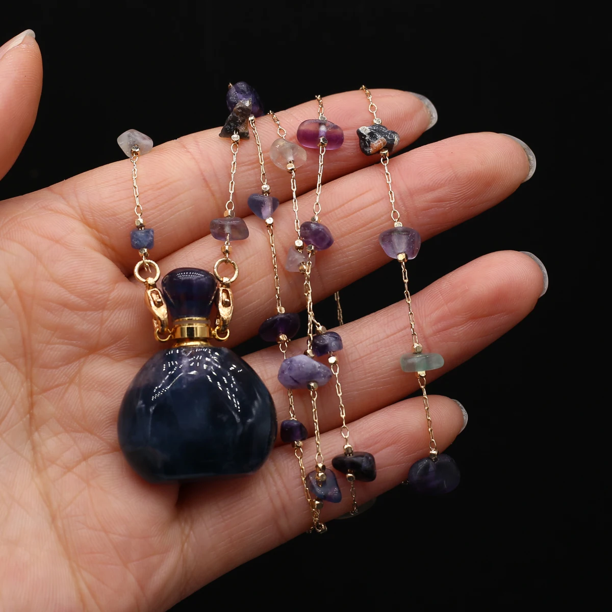 Natural Stone Amethyst Rose Quartz Perfume Bottle Pendant Charms Necklace Gravel Chain DIY Jewelry Material Necklace Accessories