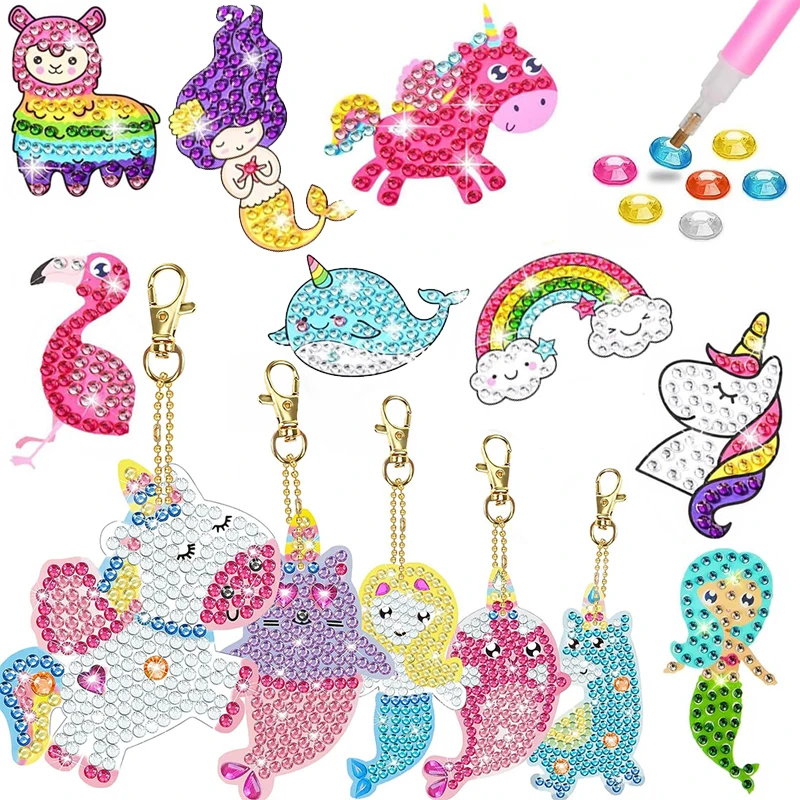 Kids Cartoon Mermaid Unicorn Big Gem Diamond Painting Kids Set Make Your Own Keychain Sticker Art Craft Kids Girls Gifts