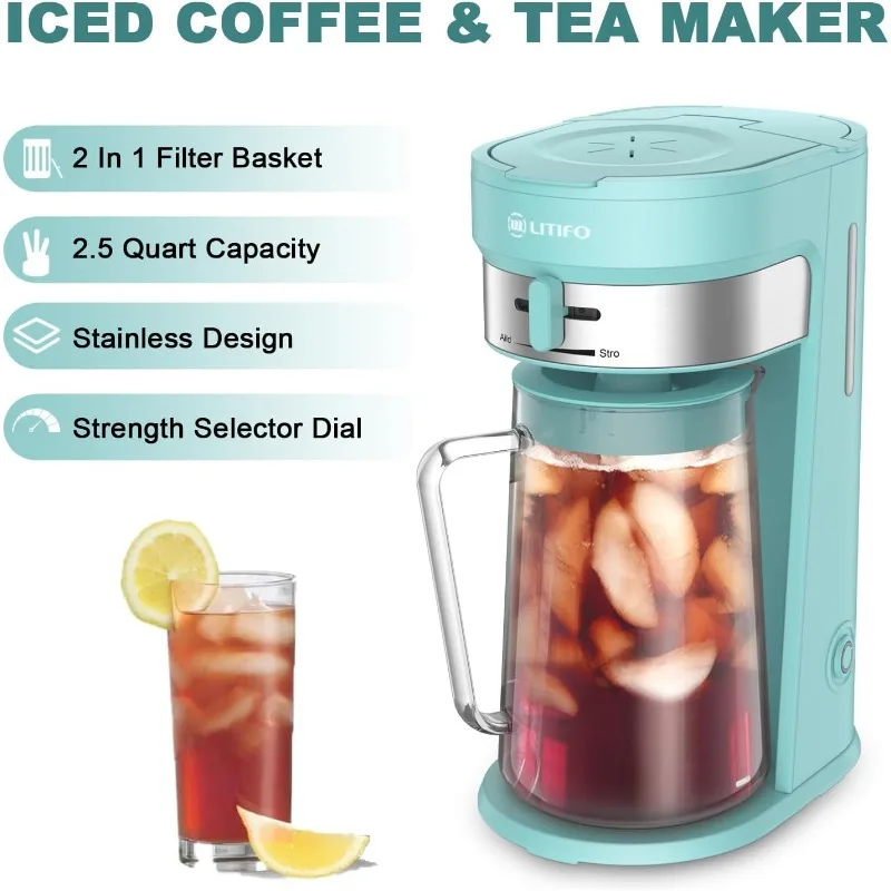 Iced Tea Maker and Coffee Maker Brewing System with 2.5-quart Pitcher, sliding strength selector for Taste Customization