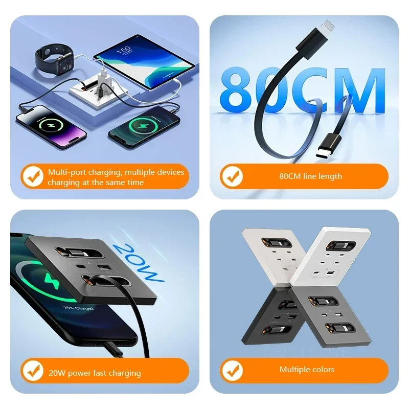 86 Type GaN 20W USB Type-c Fast Charging Wall Socket With Retractable Wire Data Cable Household Multi-Function Charging Sockets