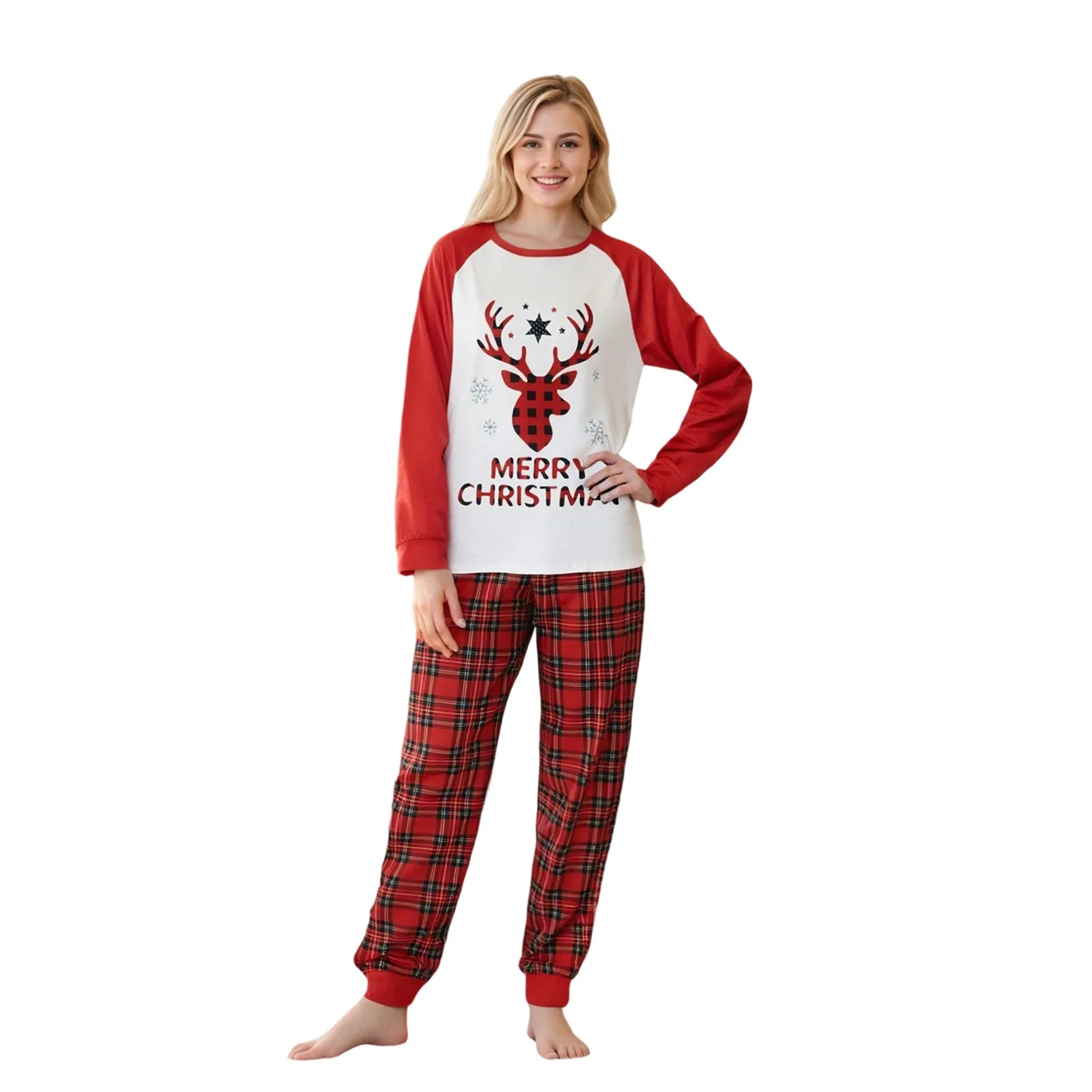 

Christmas Family Pajamas Matching Set Letter Elk Print Long Sleeve Tops and Plaid Pants Sleepwear