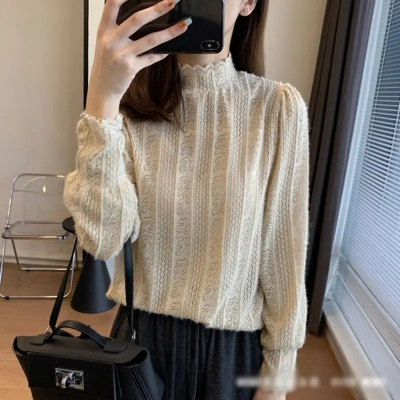 

Французская кружевная майка с высоким воротником и кружевным воротником, элегантный универсальный многослойный верх с длинными рукавами, осень и зима