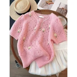 2024 Summer New Women's Solid Color Crew Neck Jacquard Pullovers Fashion Versatile Loose Commuter Short Sleeve Sweaters Tops