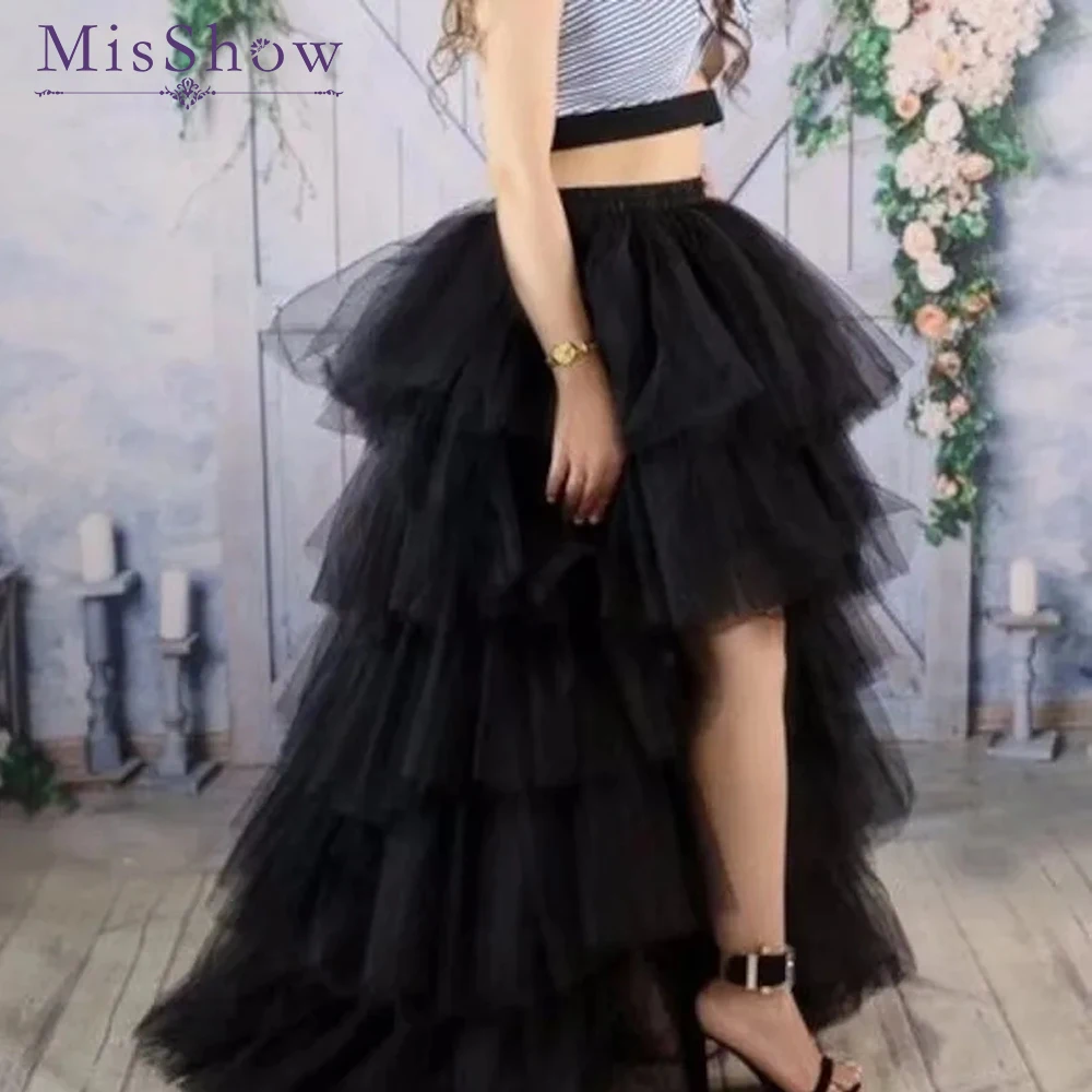 MisShow High Low Tulle Skirt Tiered Ruffle Asymmetrical Prom Skirts Punk Mesh Gown Under Petticoat Casual Party Outfit