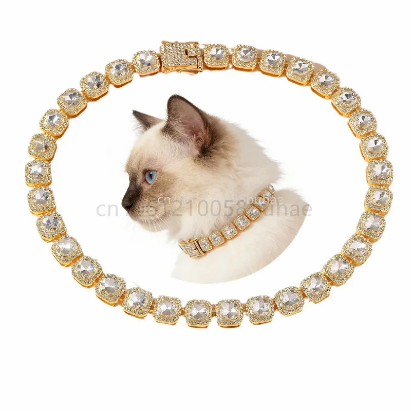 

Fashion 12mm Gold Color Square Tennis Chain Rhinestone Cat Collar Shiny Metal Pet Collar for Cats Dogs 2026 New Design 13inches