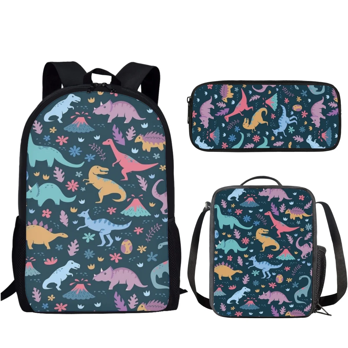 3Pcs/Set Funny Cartoon Dinosaur Printed Student Book Bag Large Capacity School Bag for Boys Girls with Lunch Bag Pencil Bag