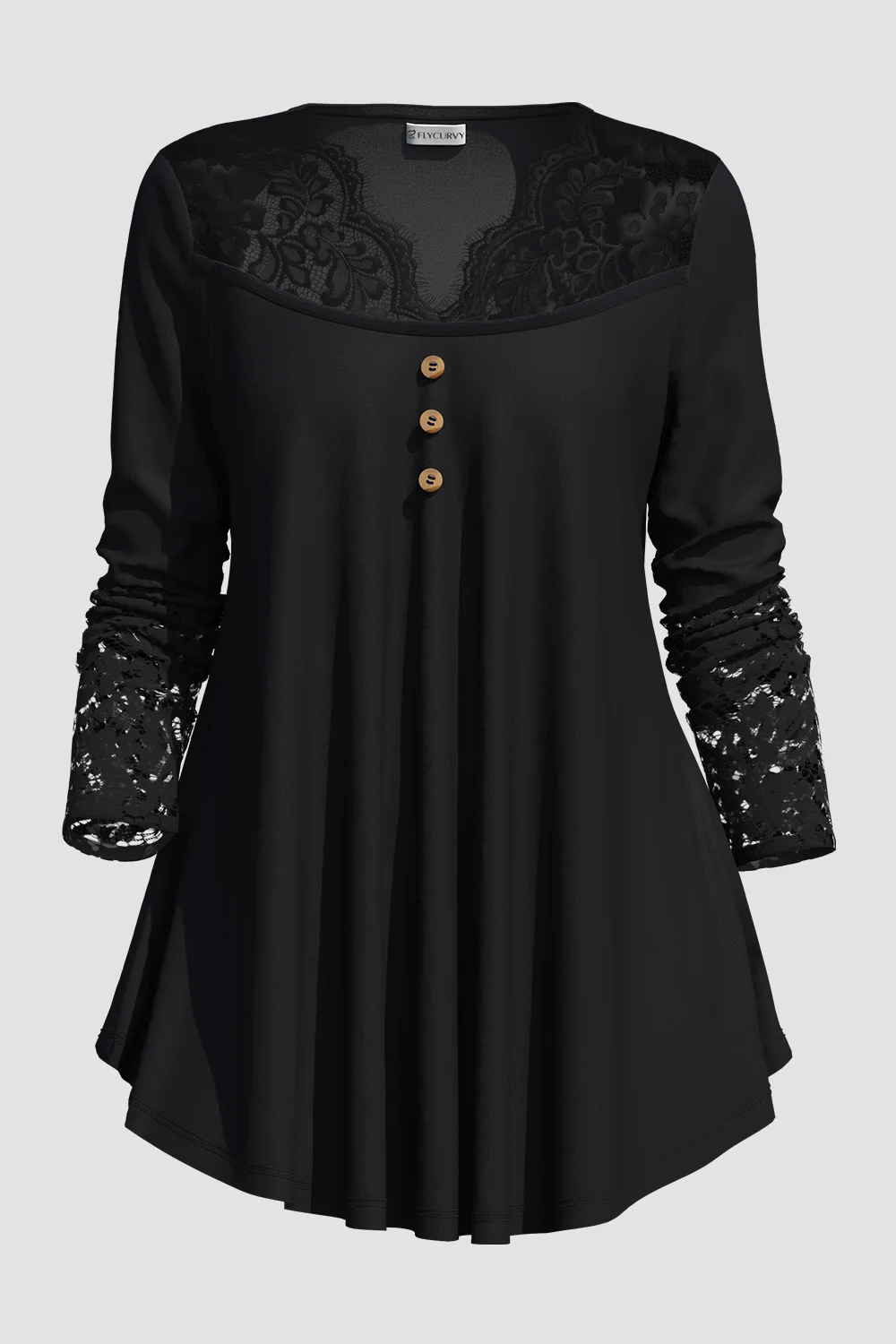 Flycurvy Plus Size Casual Black Lace Stitching Decorative Button Fold Tunic Bluzka z długim rękawem dla kobiet