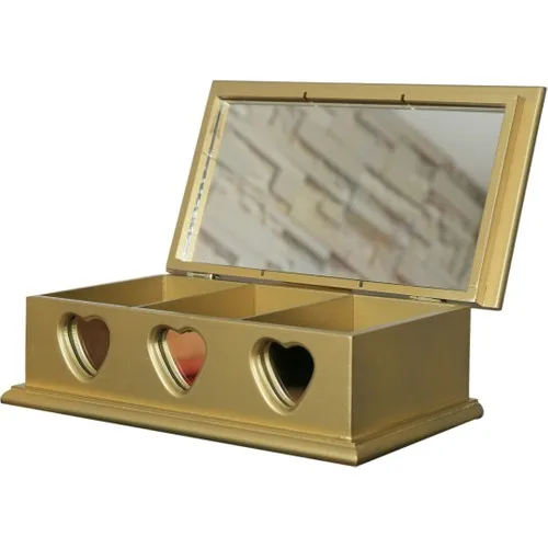 Bahat Wood Bamboo Gold Color Heart Mirror Luxury Gem Jewelry Makeup Box Gold Glitter