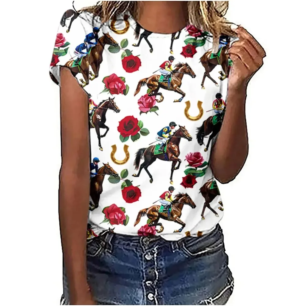 Women's T-Shirts Horse Racing Graphic 3D Printed New O-Neck Short Sleeve T Shirt Y2k Harajuku Tees Tops Female Pullover Clothing