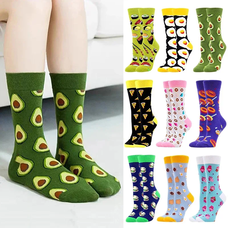 1 Paar Unisex-Socken mit lustigem Crew-Motiv, Motiv: Avocado, Sushi, Obst, Lebensmittel, modisch, bunt, niedlicher Aufdruck, für Damen und Herren