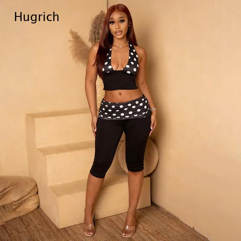 Women Polka Dot Halter Crop Top And Fold Waist Capri Pants Three Piece Outfit Stretch Casual Set