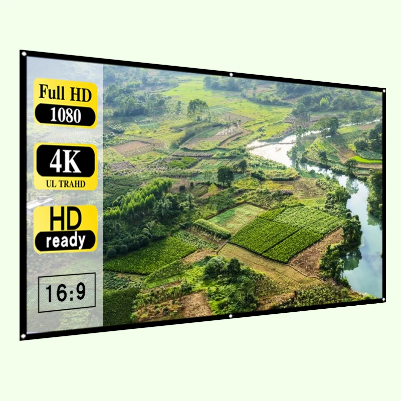 60/72/84/100/120/150인치 16:9 HD 프로젝션 스크린, 구멍이 필요하지 않음, 접이식, 세탁 가능, 휴대 가능.