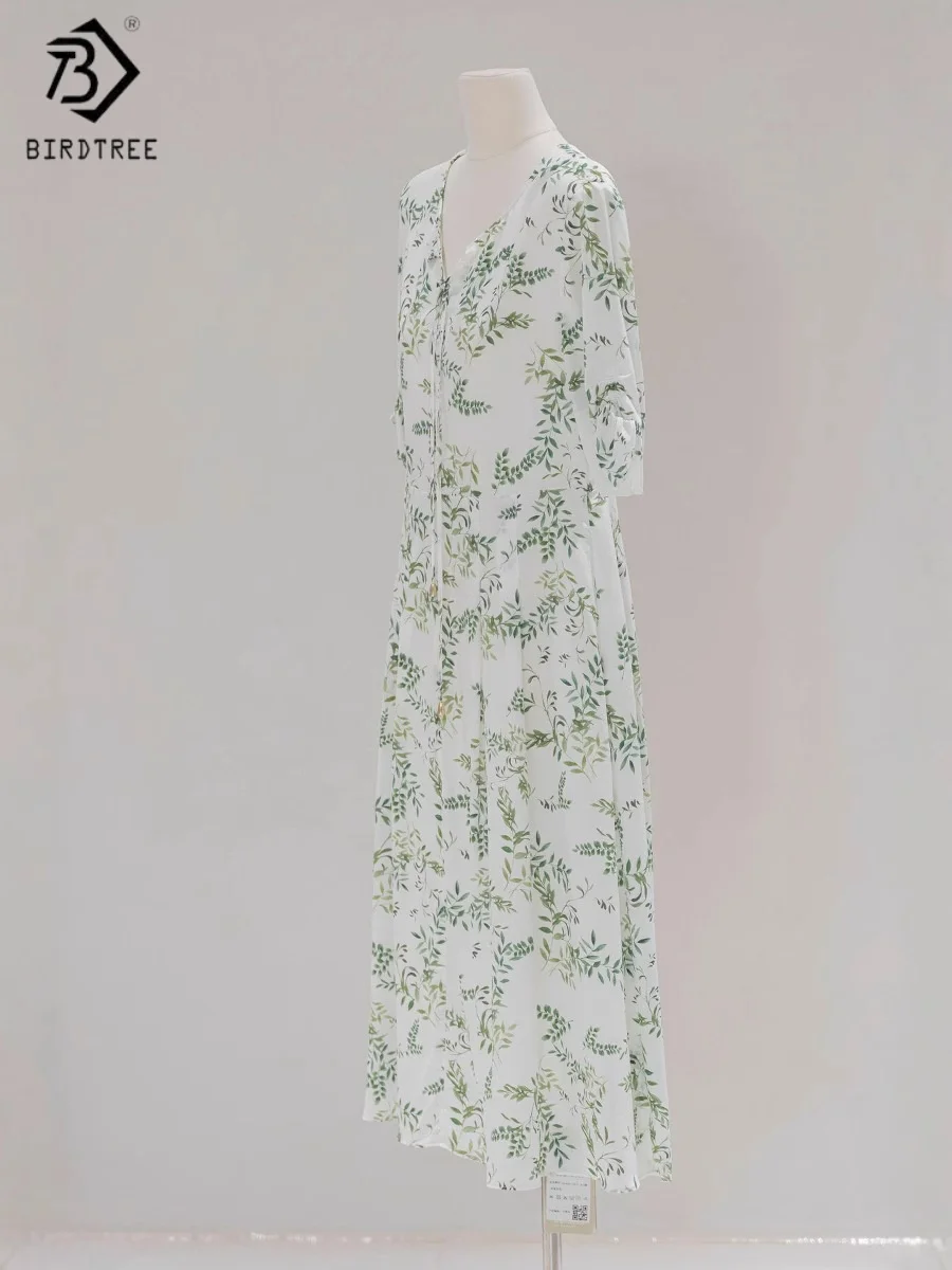 

BirdTree 100% Mulberry Silk Floral Print Dress,Woman Short Sleeve O-neck Girdling Dress,Commute Style 2025 New D56712JF
