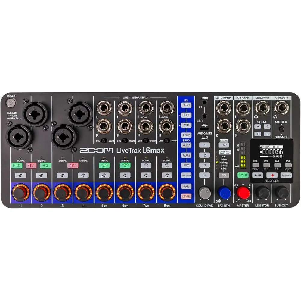 LiveTrak L6max Digital Mixer and Recorder, 12-Channel, 32-Bit loat, Battery Powered, 4 Combo + 8 Stereo Inputs, I, Eects, Sound
