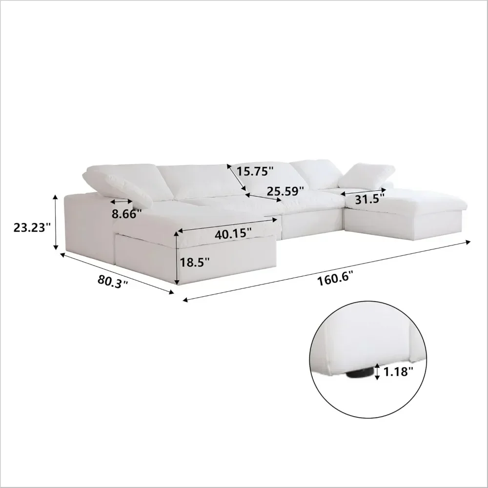 U-Shaped Cloud Couches for Living Room, 6-Seats Modular Convertible Sectional Sofas, Cushion Covers Removable