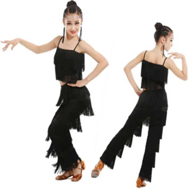 Gaun Dansa Latin CyTassel untuk Anak Perempuan Gaun Rok Ballroom Anak-anak Salsa Latin Samba Tango Cha Cha Kostum Pinggiran Beludru Anak-anak