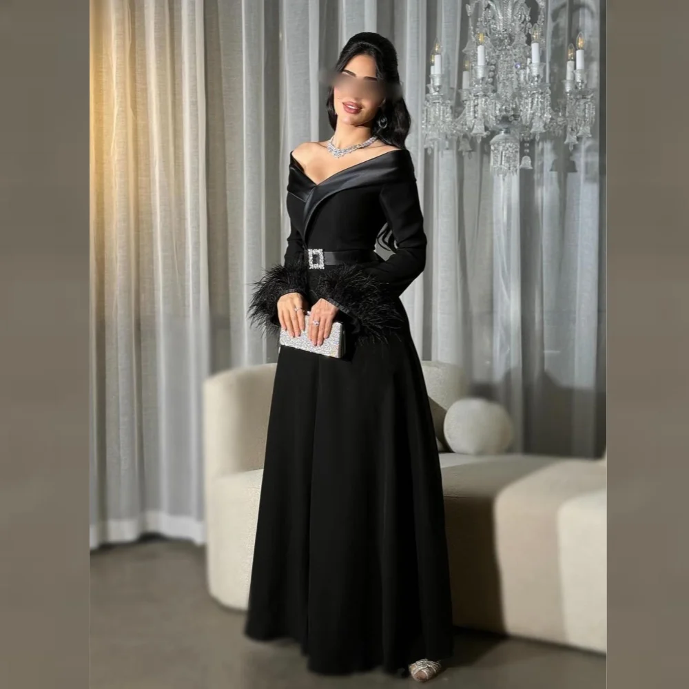 Customized Evening  Sexy Casual  Jersey Feather Draped Sash Party A-line Off-the-shoulder Bespoke Occasion Gown Long Dresses