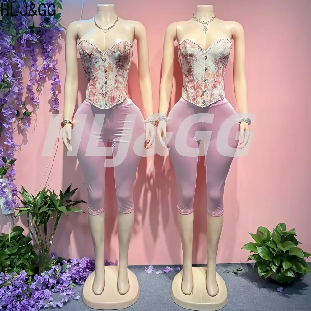 

HLJ&GG Sexy Painterly Vintage Corset Top Structured Bustier with Boning for Lifting & Shaping + Stretch Pants Female Streetwear