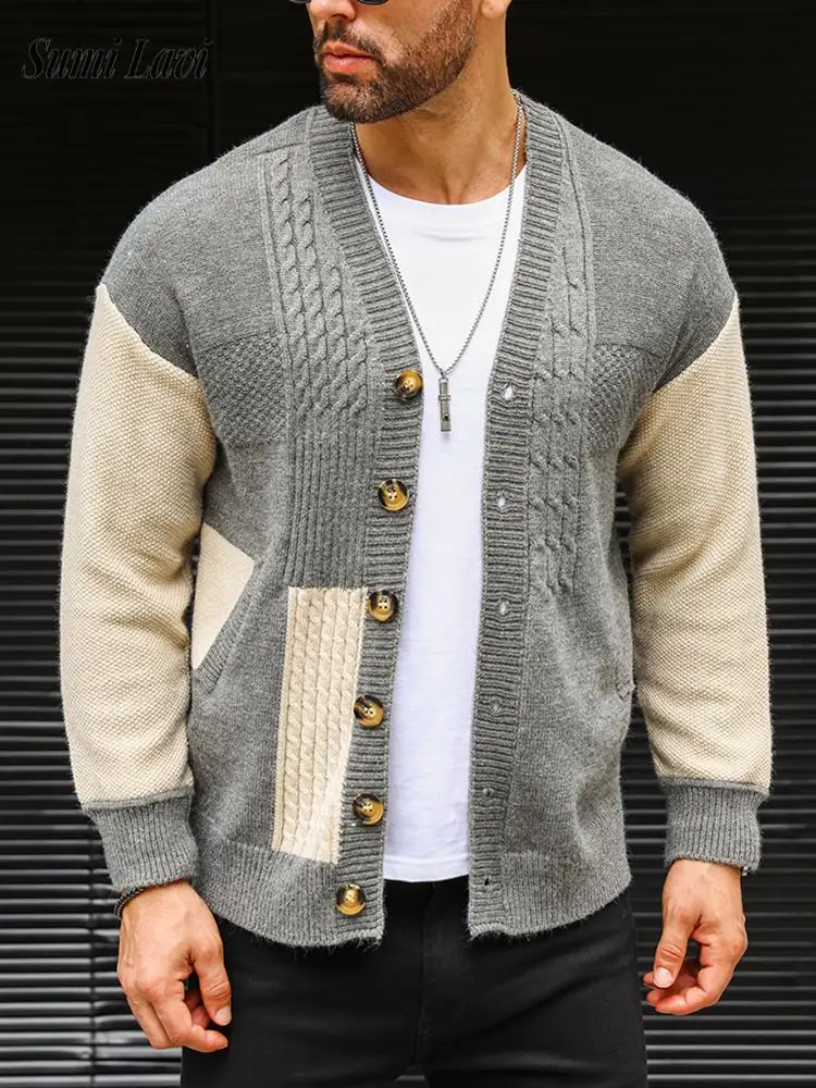 

2024 Autumn New Casual Sweatercoats For Men Vintage Patchwork Long Sleeve Knitted Coat Fashion Mens Button V Neck Sweater Jacket