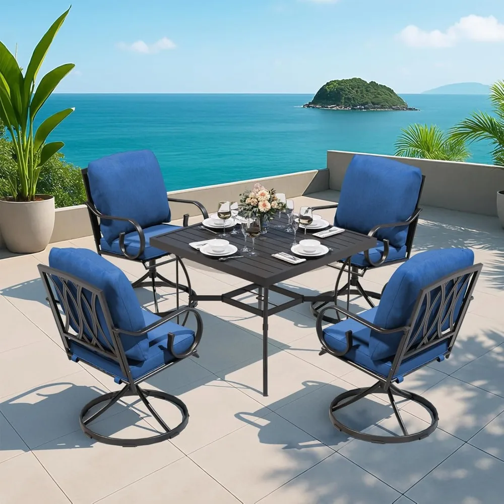 

Обеденный набор на открытом воздухе, 5 шт., 4 поворотных стула-качалки с толстыми подушками и квадратным обеденным столом с отверстием для зонта, мебель для патио