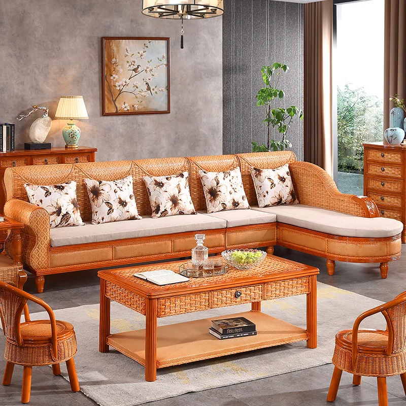 Living room combination three-piece set of solid wood real rattan woven concubine corner L-shaped sofa, rattan furniture