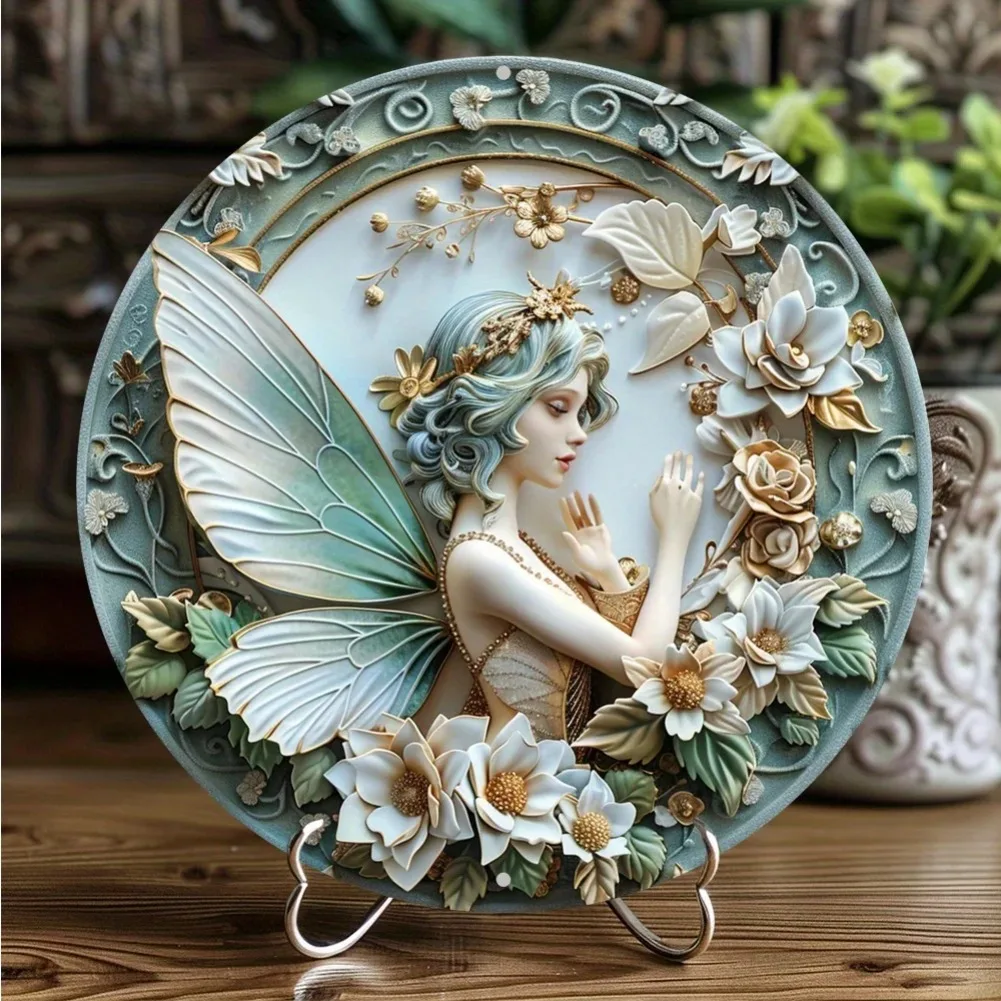 3D Embossed Elf Fairy Aluminum Decoration, Round Metal Wall Sign, Ideal for Home, Bars, Scenes, Summer Theme Decor