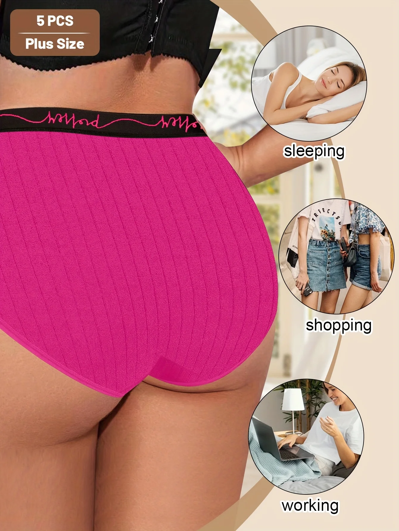 5dílné balení spodního prádla pro větší velikosti, nadměrné dámské kalhotky, střední pas s límečkem v pase a svislými pruhy, pohodlný střih - - náhled 2