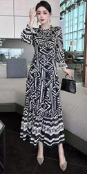 3xl 2xl Long Dress 2025 Spring Fashion Designer Women Geometric Print Pleated Patchwork Long Sleeve Black Red Beach Maxi Dress