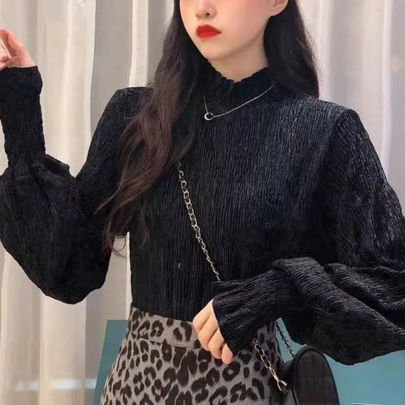 New Spring Fashion Half High Collar Panel Bubble Sleeve Top Temperament Commuter Loose Fit Women's Unique Long Sleeve