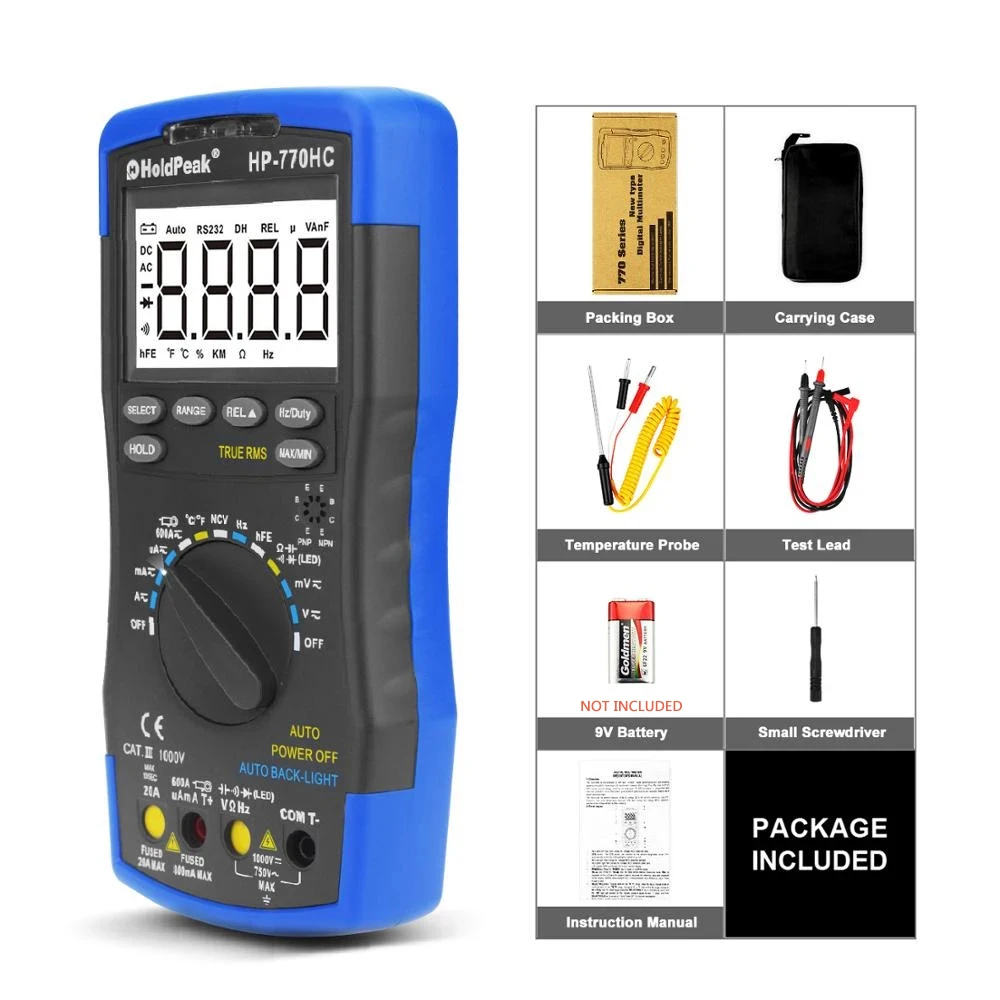 Multimetro HoldPeak HP-770HC True RMS Auto Ranging Digital Multimeter with NCV Feature and Temperature/Frequency/Duty Cycle Test